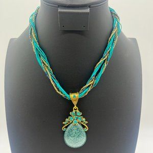 Teal & Gold Beaded Necklace w/stone pendant
